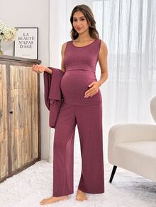 Slowluna Maternity Solid Color Tank Top, Pants, Jacket Nursing Set Fall - Burgundy - View 8