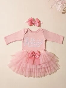 SHEIN 新生女婴摄影道具，女宝宝回家服，1个月女宝宝连体衣道具，含蓬蓬裙和蝴蝶结发带，新生儿礼物 - 彩色 - 查看 7