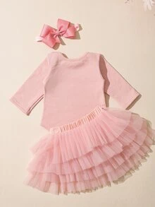 SHEIN 新生女婴摄影道具，女宝宝回家服，1个月女宝宝连体衣道具，含蓬蓬裙和蝴蝶结发带，新生儿礼物 - 彩色 - 查看 3
