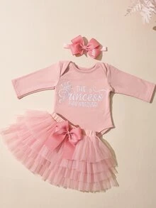 SHEIN 新生女婴摄影道具，女宝宝回家服，1个月女宝宝连体衣道具，含蓬蓬裙和蝴蝶结发带，新生儿礼物 - 彩色 - 查看 5