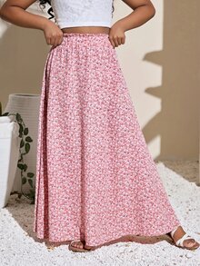 SHEIN 青少年女孩休闲度假雪纺碎花中长裙 - 淺粉色 - 查看 4