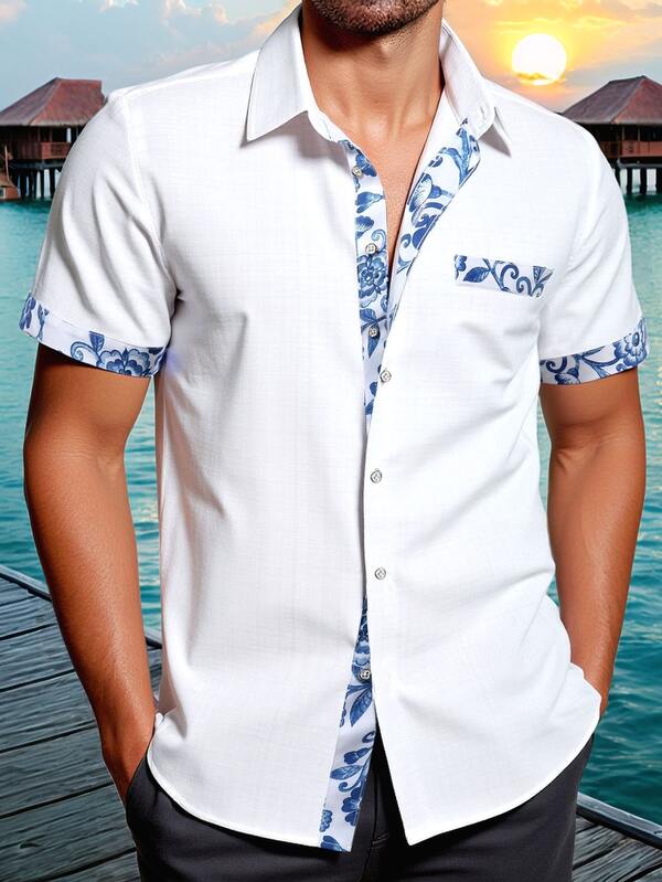 Genlund Men's Floral Printed Short Sleeve Shirt Perfect For Summer And Beach Baggy Button Up Graphic Daddy White Shirt Vacation Art Dad Me, Holiday