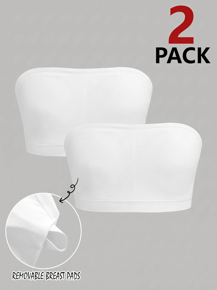 SHEIN Girlism Tween Girl Tween Girl Tween Girls Bras And Bralettes 2pcs/Set, Simple Comfortable Ruched Padded Bandeau Bra, Versatile For Daily Wear - White - View 1