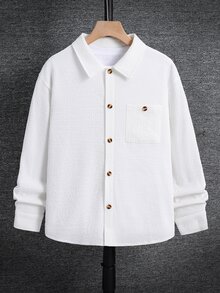 SHEIN 兒童青少年男孩休閒學院風百搭純白色日常舒適翻領寬鬆長袖梭織鈕扣襯衫，適合通勤、上學、日常休閒、旅行、運動，適用春夏秋冬返校季 - 白色 - 查看 2