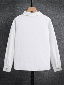 SHEIN 兒童青少年男孩休閒學院風百搭純白色日常舒適翻領寬鬆長袖梭織鈕扣襯衫，適合通勤、上學、日常休閒、旅行、運動，適用春夏秋冬返校季 - 白色 - 查看 3