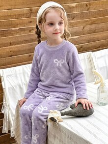 女童蝴蝶結印花長袖秋冬毛絨家居服套裝，內裡刷毛圓領純色2件組，柔軟舒適可愛睡衣禮物 - 淡紫色 - 查看 7