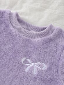 女童蝴蝶結印花長袖秋冬毛絨家居服套裝，內裡刷毛圓領純色2件組，柔軟舒適可愛睡衣禮物 - 淡紫色 - 查看 8