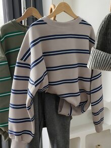 SHEIN 青少年女孩秋冬休閒拼色條紋運動衫 - 灰色 - 查看 2