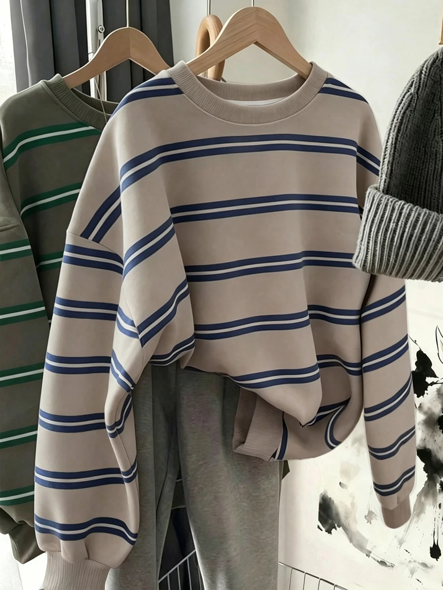 SHEIN 青少年女孩秋冬休閒拼色條紋運動衫 - 灰色 - 查看 1