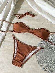 Bonvoyette Swim SXY 新款性感超细抹胸女士泳装套装，抽绳系带设计，可拆卸可调节肩带和抽绳饰边三角比基尼 - 鏽棕色 - 查看 3