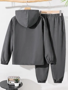SHEIN 兒童 2 件組青少年男孩休閒運動圖案拼色連帽外套與長褲套裝，適合學校、日常休閒、度假、運動，秋冬穿著 - 灰色 - 查看 3