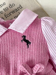SHEIN 2件組 2025新生兒嬰兒套裝，小領袖袖口拼色 2合1後開襟上衣，休閒寬鬆針織長褲，極簡時尚可愛新生兒套裝 - 粉色 - 查看 7
