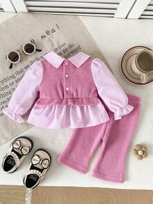 SHEIN 2件組 2025新生兒嬰兒套裝，小領袖袖口拼色 2合1後開襟上衣，休閒寬鬆針織長褲，極簡時尚可愛新生兒套裝 - 粉色 - 查看 2