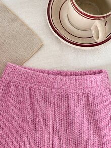 SHEIN 2件組 2025新生兒嬰兒套裝，小領袖袖口拼色 2合1後開襟上衣，休閒寬鬆針織長褲，極簡時尚可愛新生兒套裝 - 粉色 - 查看 6