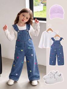 SHEIN ChillGRL Girls' All-Season Cute Casual Medium Blue Denim Overalls With Colorful Heart Embroidery Ruffle Shoulder Straps Loose Wide Leg Long Pants Summer - Light Wash - View 2