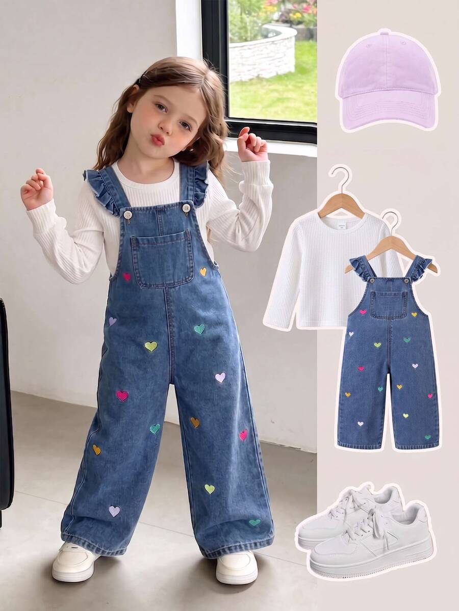 SHEIN ChillGRL Girls' All-Season Cute Casual Medium Blue Denim Overalls With Colorful Heart Embroidery Ruffle Shoulder Straps Loose Wide Leg Long Pants Summer