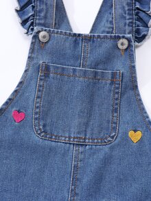 SHEIN ChillGRL Girls' All-Season Cute Casual Medium Blue Denim Overalls With Colorful Heart Embroidery Ruffle Shoulder Straps Loose Wide Leg Long Pants Summer - Light Wash - View 6