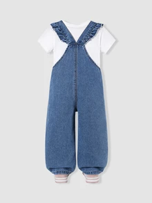 SHEIN ChillGRL Girls' All-Season Cute Casual Medium Blue Denim Overalls With Colorful Heart Embroidery Ruffle Shoulder Straps Loose Wide Leg Long Pants Summer - Light Wash - View 3