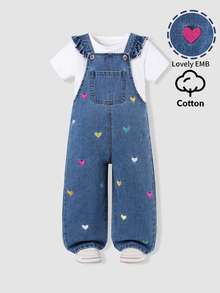 SHEIN ChillGRL Girls' All-Season Cute Casual Medium Blue Denim Overalls With Colorful Heart Embroidery Ruffle Shoulder Straps Loose Wide Leg Long Pants Summer - Light Wash - View 5