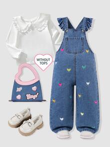 SHEIN ChillGRL Girls' All-Season Cute Casual Medium Blue Denim Overalls With Colorful Heart Embroidery Ruffle Shoulder Straps Loose Wide Leg Long Pants Summer - Light Wash - View 4