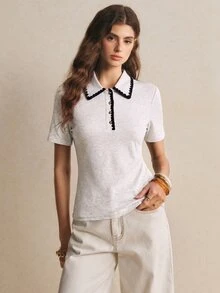 Poéselle 都會時尚女款 Polo 衫，經典對比滾邊設計，百搭休閒上衣，適合日常穿著 - 淺灰色 - 查看 4