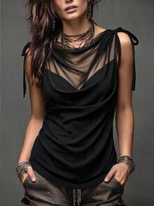 SHEIN Autumn/Winter Black Mesh Patchwork Knit Cowl Neck 2 In 1 Sleeveless Tank Top, Fashion Commute Matching Top - Black - View 4