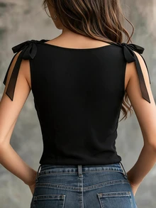 SHEIN Autumn/Winter Black Mesh Patchwork Knit Cowl Neck 2 In 1 Sleeveless Tank Top, Fashion Commute Matching Top - Black - View 3