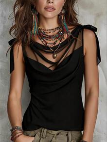 SHEIN Autumn/Winter Black Mesh Patchwork Knit Cowl Neck 2 In 1 Sleeveless Tank Top, Fashion Commute Matching Top - Black - View 6