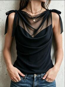 SHEIN Autumn/Winter Black Mesh Patchwork Knit Cowl Neck 2 In 1 Sleeveless Tank Top, Fashion Commute Matching Top - Black - View 5
