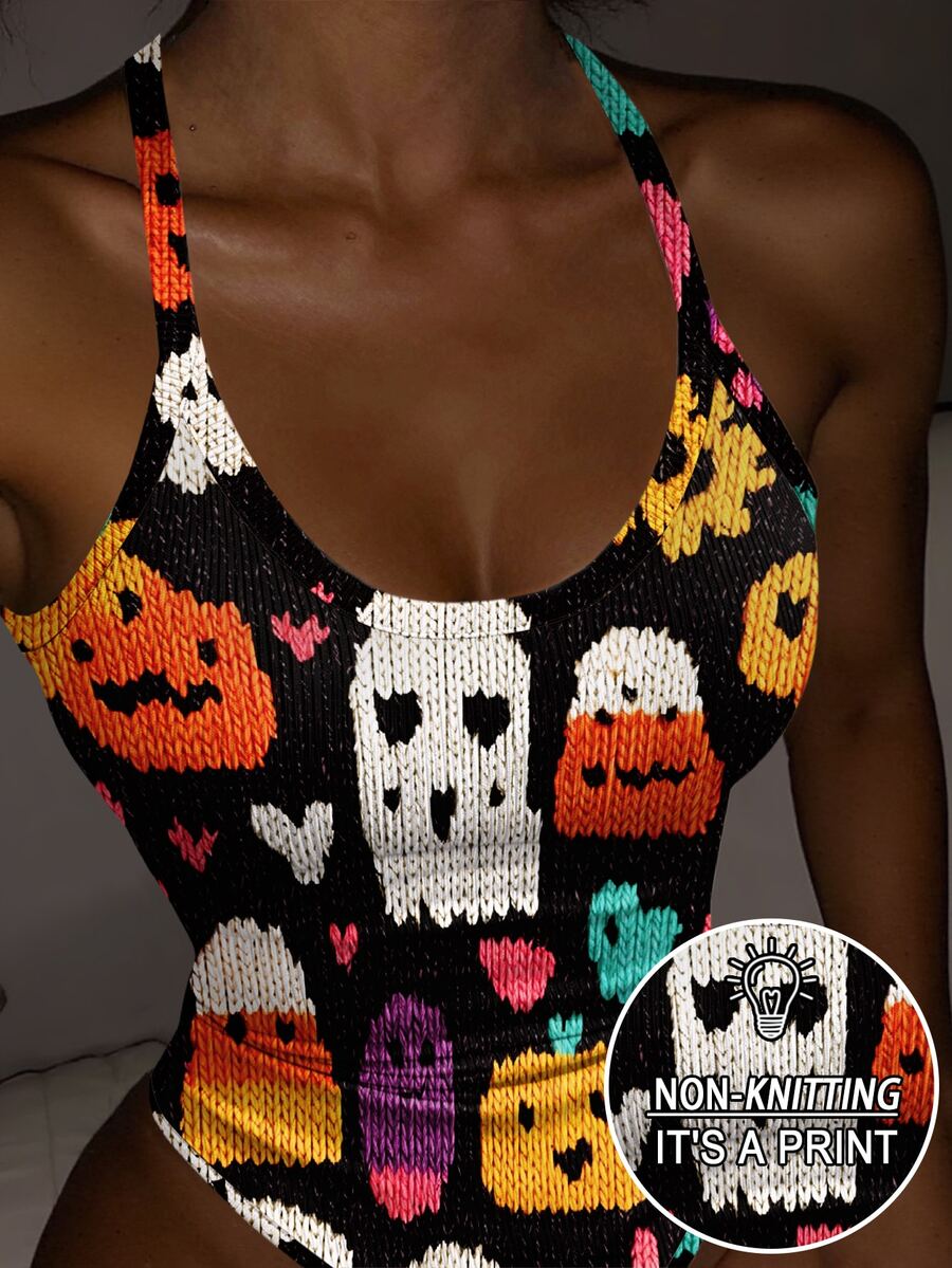 Rovax Women's Halloween Cartoon Print Bodysuit - Multicolor - View 1