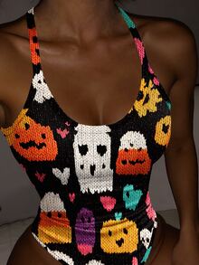 Rovax Women's Halloween Cartoon Print Bodysuit - Multicolor - View 6