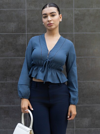 Andrea Bello Women's Solid Color Deep V-Neck Tie Front Elegant Office Wear Long Sleeve Blouse V Neck Blouses For Women Navy Blue Top Women Cinched Waist Top