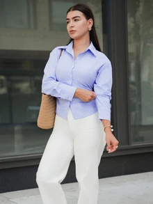 Andrea Bello 女士蓝白条纹长袖衬衫，系腰衬衫，休闲通勤衬衫，度假衬衫，收腰条纹衬衫，适合春夏秋冬，优雅度假波西米亚风工作装 - 藍白色 - 查看 6