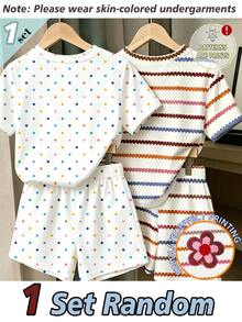Souflis Souflis Caja Ciega 3 Sets Enviados Aleatoriamente 1 Set, Conjunto de Camiseta Corta y Pantalones Cortos Estilo Casual de Vacaciones con Estampado de Flores y Rayas Marrones Fresco y Creativo para Niñas Jóvenes en Verano, Conjunto de Ropa Cómoda para Uso Diario, Sets - Multicolor - Ver 2