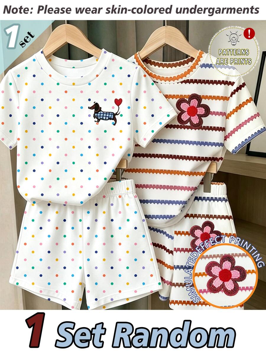 Souflis Souflis Caja Ciega 3 Sets Enviados Aleatoriamente 1 Set, Conjunto de Camiseta Corta y Pantalones Cortos Estilo Casual de Vacaciones con Estampado de Flores y Rayas Marrones Fresco y Creativo para Niñas Jóvenes en Verano, Conjunto de Ropa Cómoda para Uso Diario, Sets - Multicolor - Ver 1