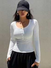 DAZY Half Button Scoop Neck Long Sleeve T-Shirt - White - View 2