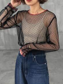 FRIFUL Women's Solid Color Contrast Trim Sheer Mesh Fabric Loose Casual Versatile T-Shirt, Spring/Summer Graphic Tee Long Sleeve - Black - View 4