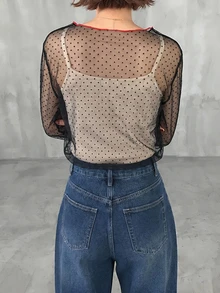 FRIFUL Women's Solid Color Contrast Trim Sheer Mesh Fabric Loose Casual Versatile T-Shirt, Spring/Summer Graphic Tee Long Sleeve - Black - View 2
