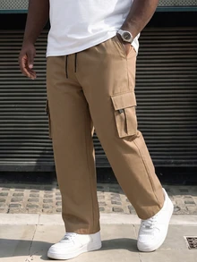 Ethos Form Plus Size Men's Solid Color Cargo Loose Casual Pants, Fall - Khaki - View 3