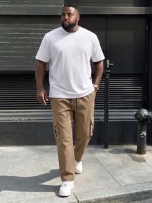 Ethos Form Plus Size Men's Solid Color Cargo Loose Casual Pants, Fall - Khaki - View 4