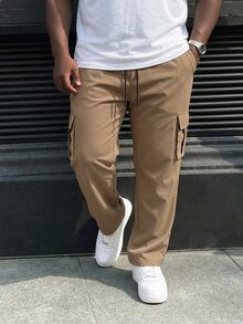 Ethos Form Plus Size Men's Solid Color Cargo Loose Casual Pants, Fall - Khaki - View 1