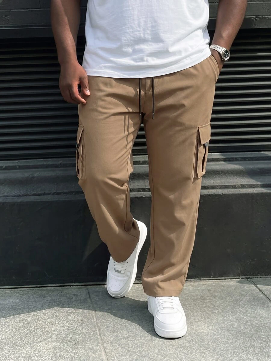 Ethos Form Plus Size Men's Solid Color Cargo Loose Casual Pants, Fall - Khaki - View 1
