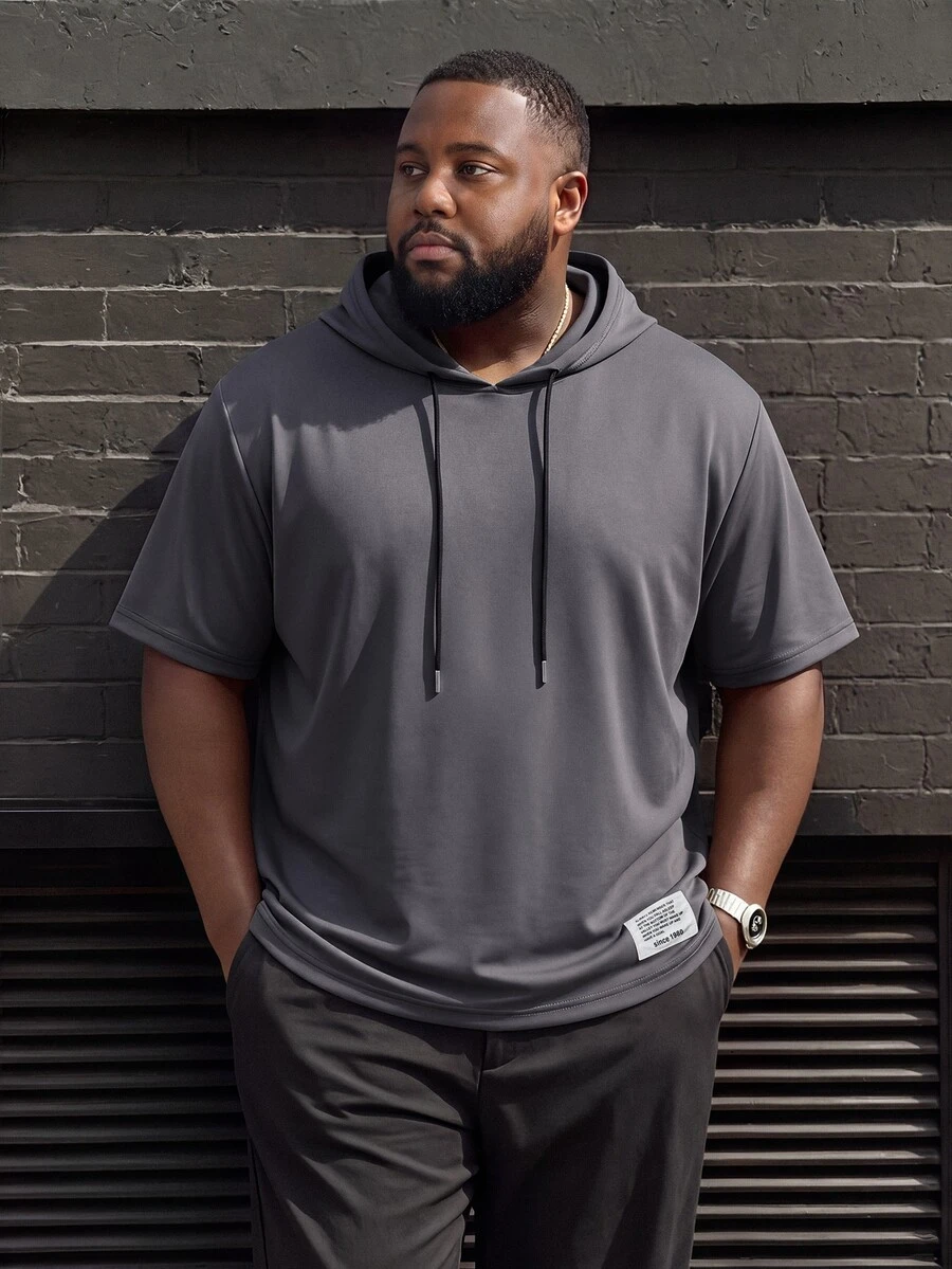 Ethos Form Plus Size Men's Letter Graphic Drawstring Hooded Short Sleeve T-Shirt - Dark Grey - View 1