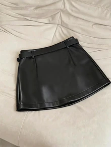 INAWLY Women's Solid Color PU Material Skirt, Commuter Casual Autumn/Winter Fashion Y2K - Black - View 2