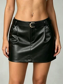 INAWLY Women's Solid Color PU Material Skirt, Commuter Casual Autumn/Winter Fashion Y2K - Black - View 3