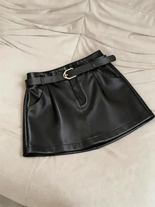 INAWLY Women's Solid Color PU Material Skirt, Commuter Casual Autumn/Winter Fashion Y2K - Black - View 1