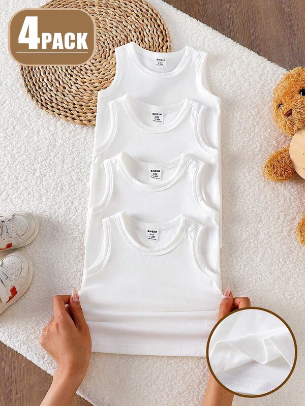 SHEIN Vintaside Kids Conjunto de 4 peças de camisolas interiores sem mangas para recém-nascido menino 0-9 meses, início do outono, branco puro, estilo europeu minimalista, com botões de pressão nos ombros, roupa interior ajustada essencial para todas as estações, pack combo de alto valor