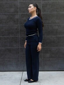 Andrea Bello Elegant Rib-Knit Navy Blue V-Neck Sweater With Regular Hem And Striped Detailing,Fall Clothes For Women, Summer Outfits , Beach Holiday - Navy Blue - View 6