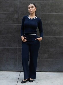Andrea Bello Elegant Rib-Knit Navy Blue V-Neck Sweater With Regular Hem And Striped Detailing,Fall Clothes For Women, Summer Outfits , Beach Holiday - Navy Blue - View 1