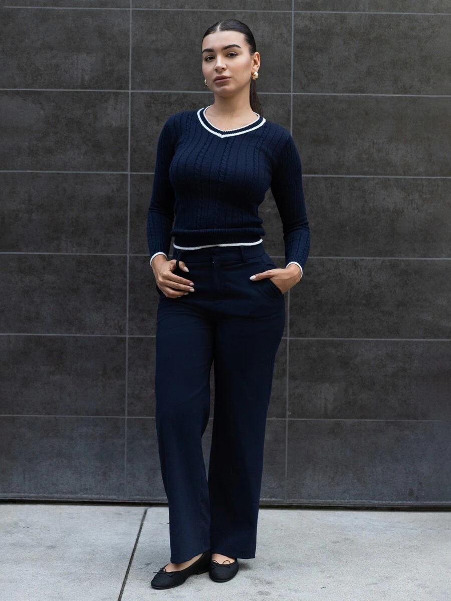 Andrea Bello Elegant Rib-Knit Navy Blue V-Neck Sweater With Regular Hem And Striped Detailing,Fall Clothes For Women, Summer Outfits , Beach Holiday - Navy Blue - View 1